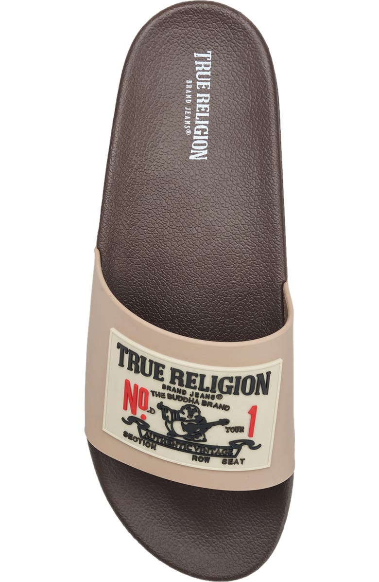 True Religion Kendrick Logo Slide, Alternate, color, Brown