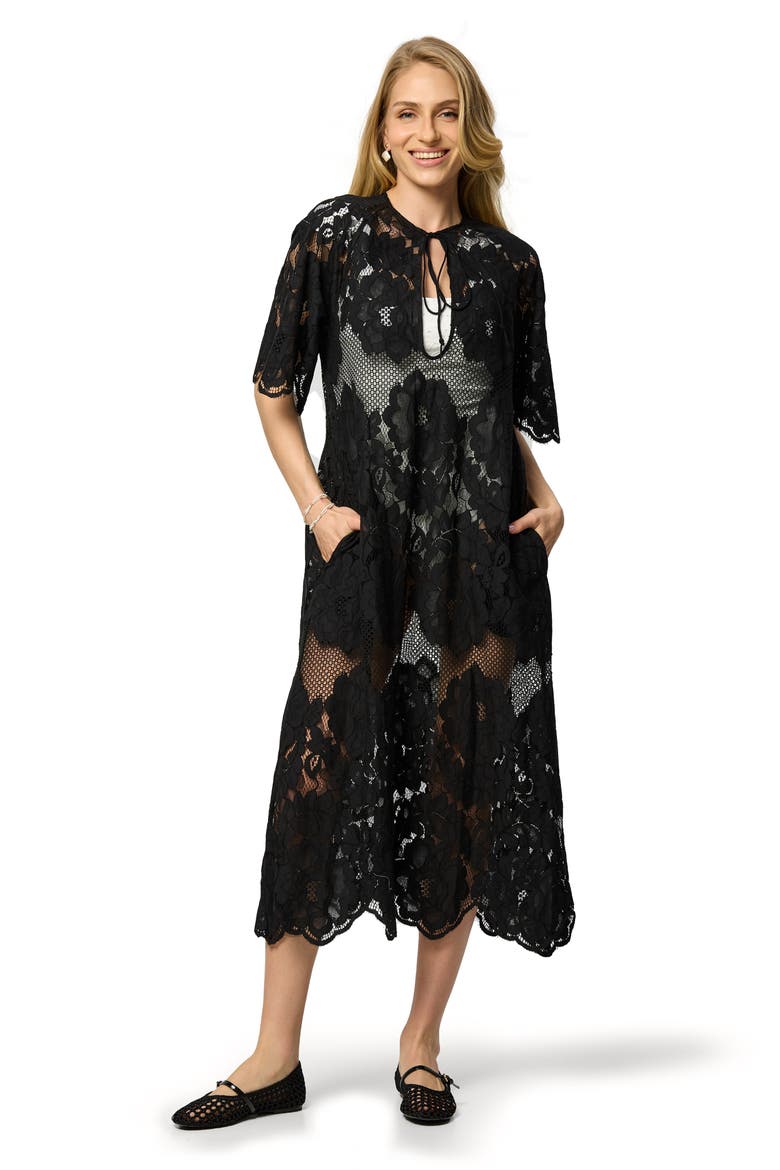 Lace Kaftan Keyhole Dress, Alternate, color, BLACK