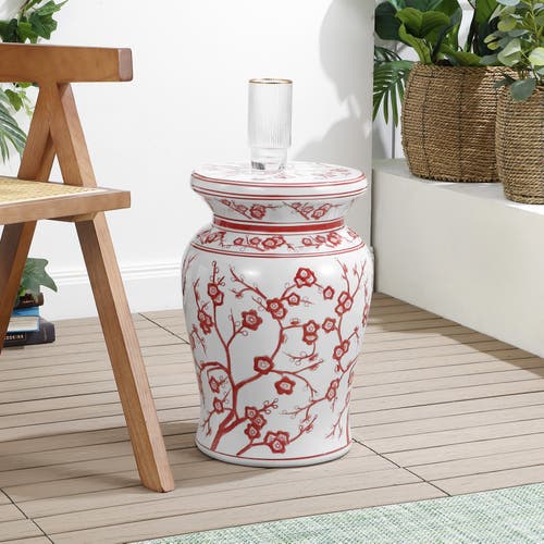 Jonathan Y Cherry Blossom 17.7" Ceramic Garden Stool In White/red