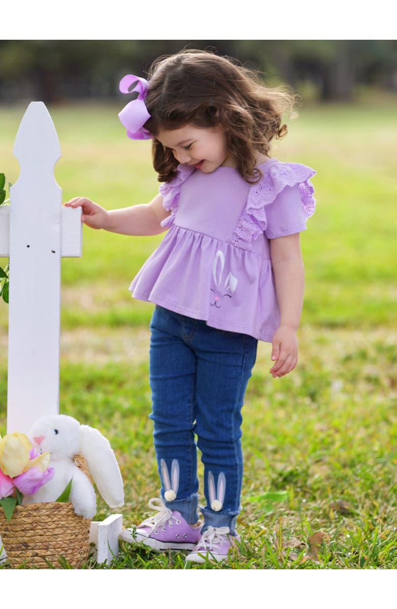 Mia Belle Girls Girls Lilac Love Bunny Top and Embroidered Denim Set, Alternate, color, Purple