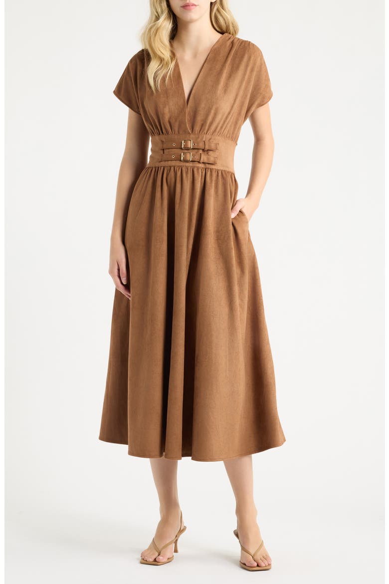 The Noa Faux Suede Midi Dress, Main, color, BROWN
