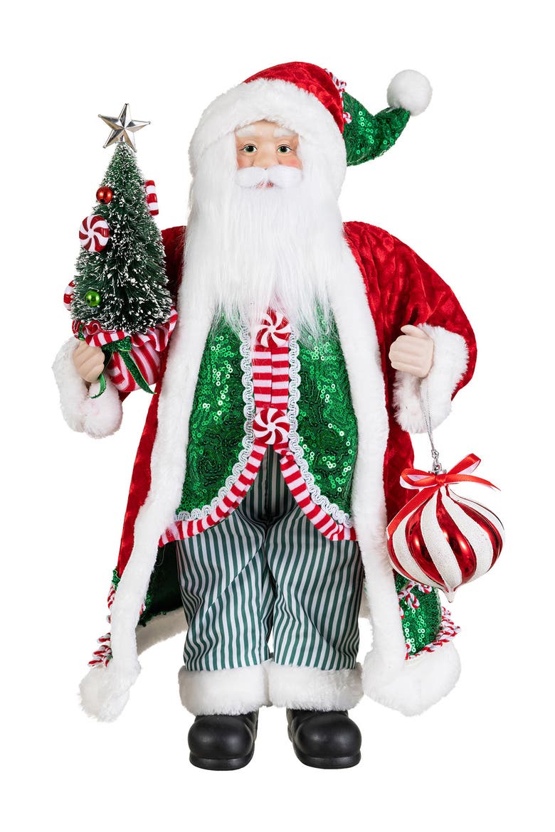 18"H Faux Fur Christmas Peppermint Santa Figurine, Main, color, Green