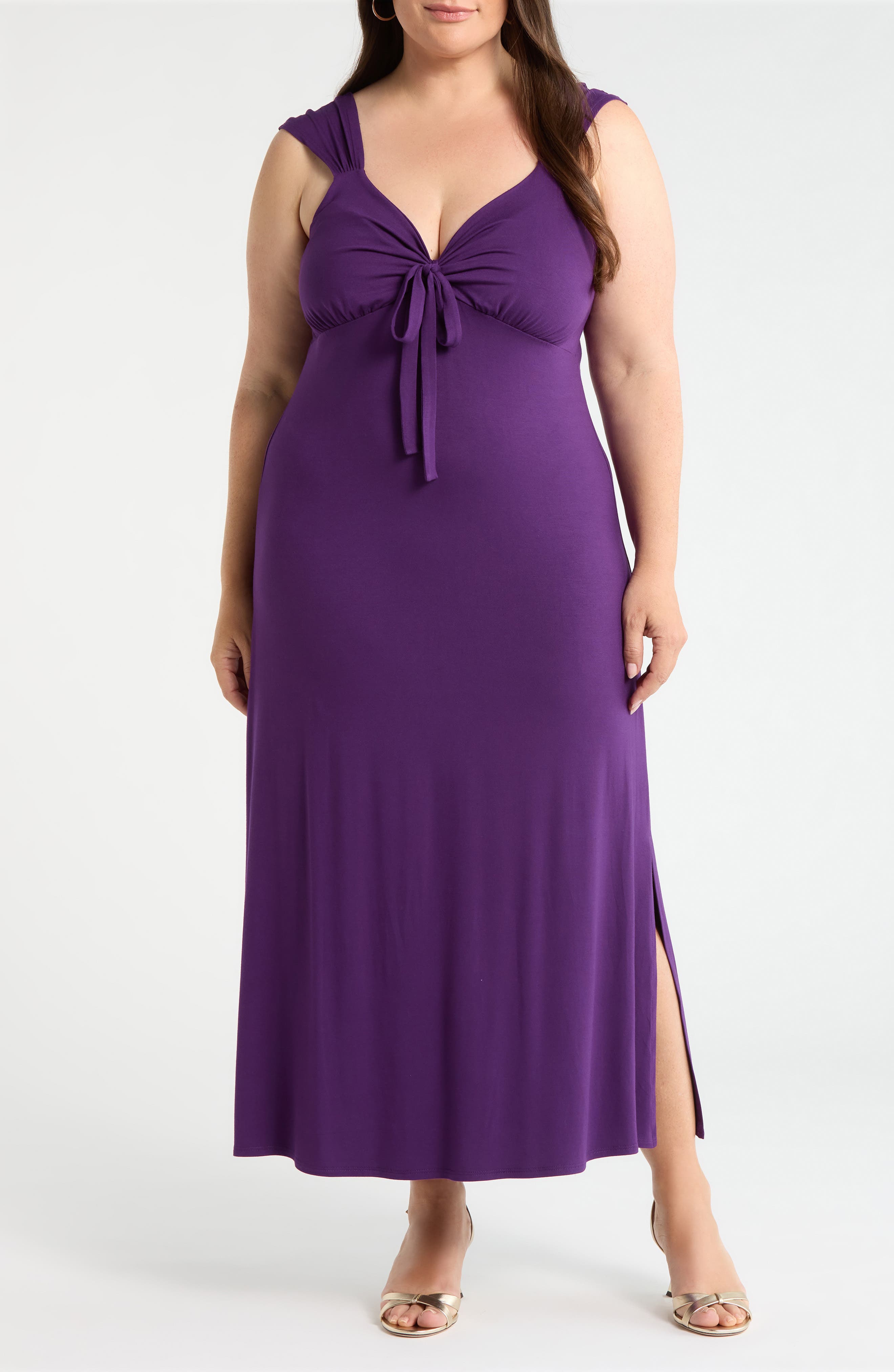 Loveappella Tie Front Jersey Maxi Dress In Purple