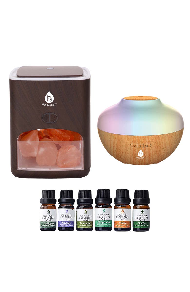 PURSONIC Himalayan Salt Lamp & Aromatherapy Diffuser Wellness Set, Main, color, Brown