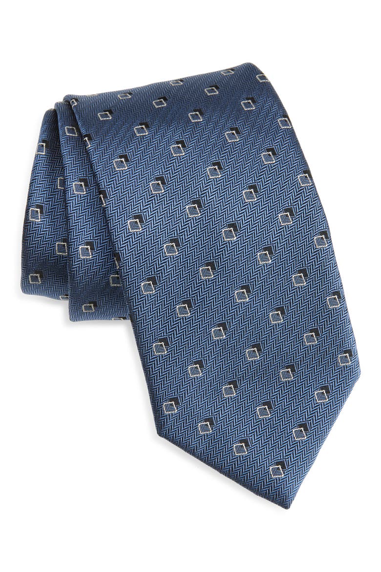 Geometric Herringbone Silk Tie, Main, color, ROYAL/ OFF WHITE