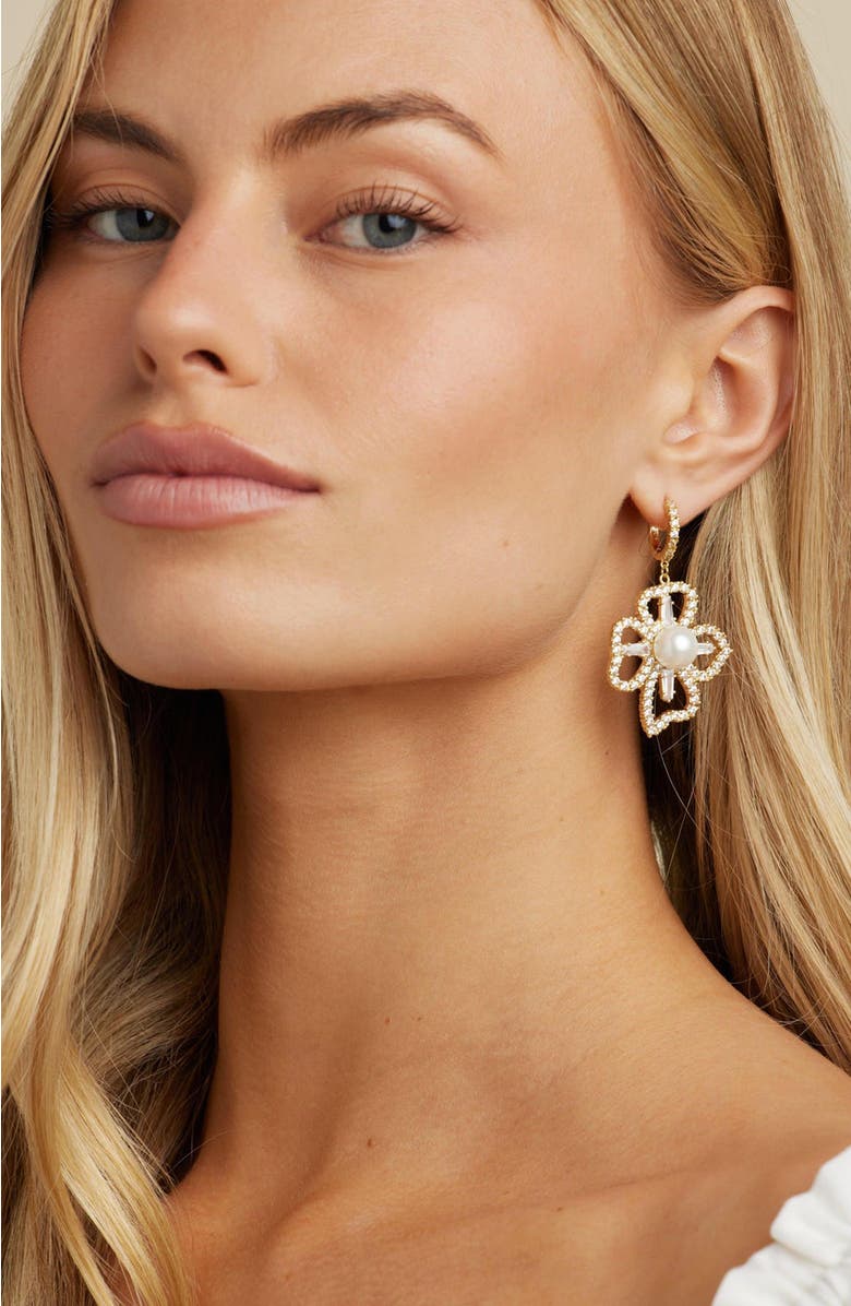 Untamed Petals Holly Pearl & Crystal Flower Drop Earrings, Alternate, color, Gold