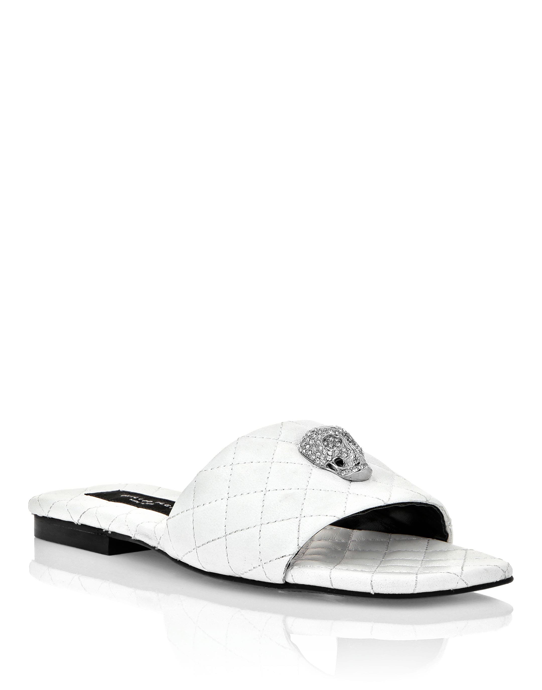 Matelasse Slides Crystal Skull Women, Main, color, white