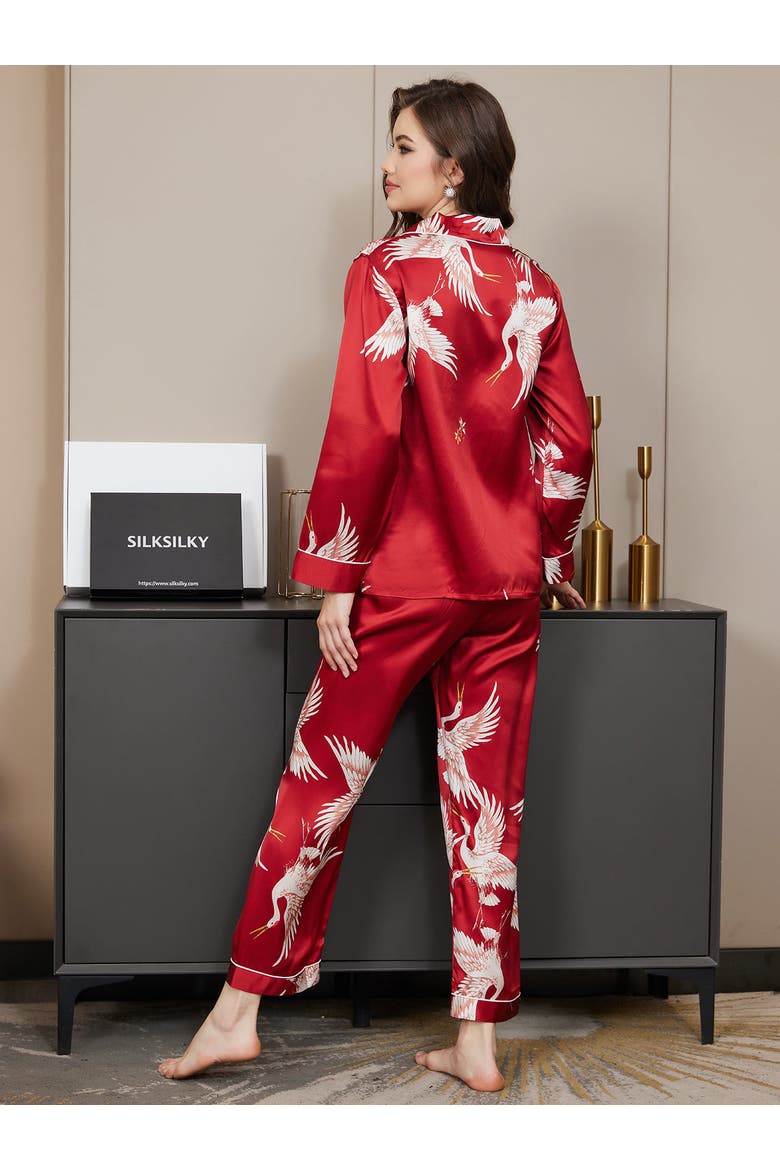 19Momme Pure Silk Printed Classic Binding Trim Womens Pajama set, Alternate, color, DarkRed