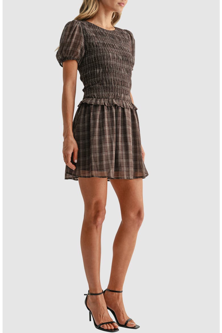 Puff Sleeve Smocked Minidress, Alternate, color, BROWN PLAID