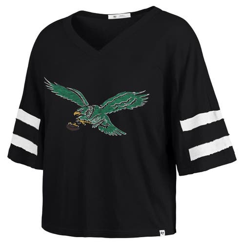 47 Brand '47 Black Philadelphia Eagles Premier Scout Cropped V-neck T-shirt In Black