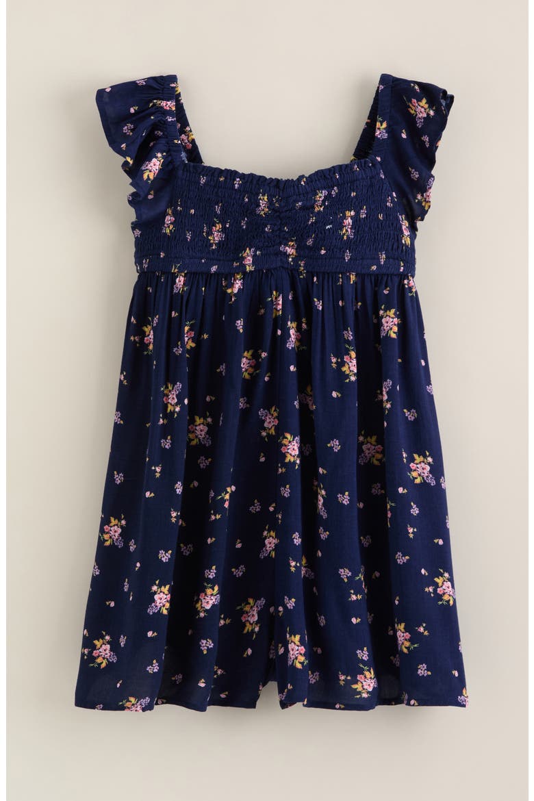 Kids' Flutter Sleeve Romper, Main, color, NAVY DENIM FIELD FLOWERS