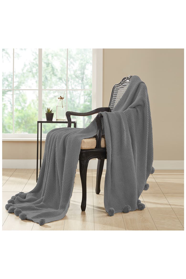Pompom Trim Knit Throw, Alternate, color, STONE