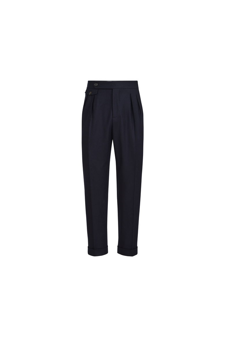 Virgin wool flannel trousers in twisted cotton gabardine with double pleats and waist tabs, Alternate, color, Blue