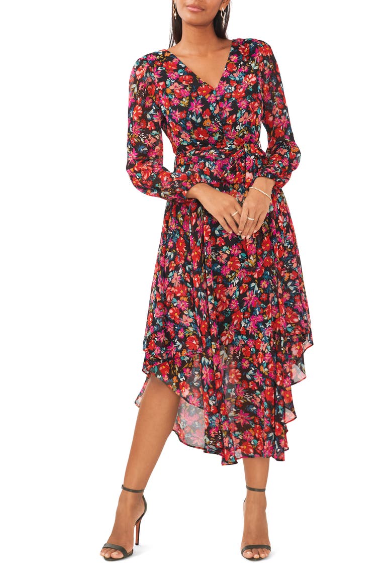 Floral Button Front Tie Waist Dress, Main, color, BLACK/RED/PINK