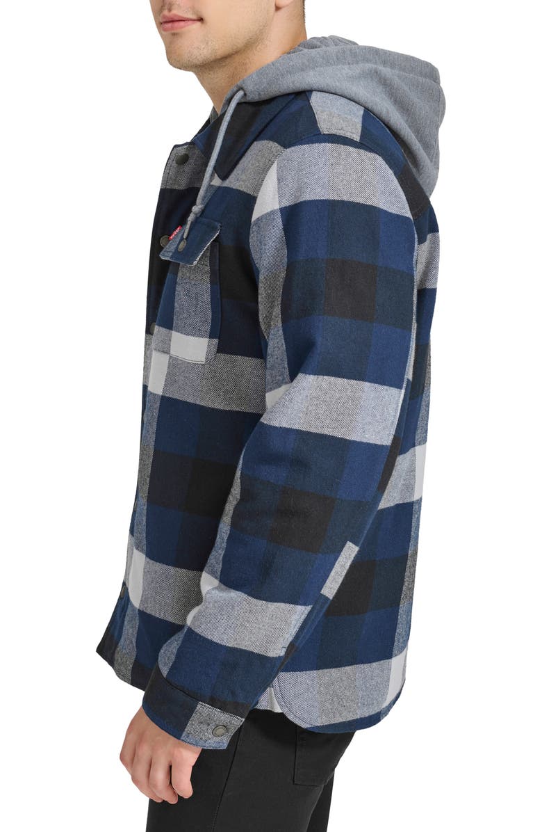 Levi's Plaid Faux Shearling Lined Jersey Hood Shirt Jacket, Alternate, color, Navy Twill