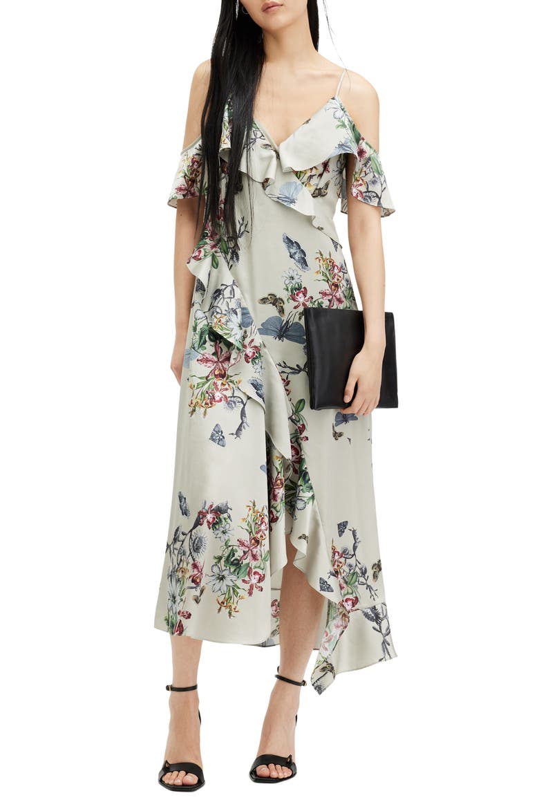Orion Sanibel Floral Cold Shoulder High-Low Dress, Alternate, color, TAUPE GREY