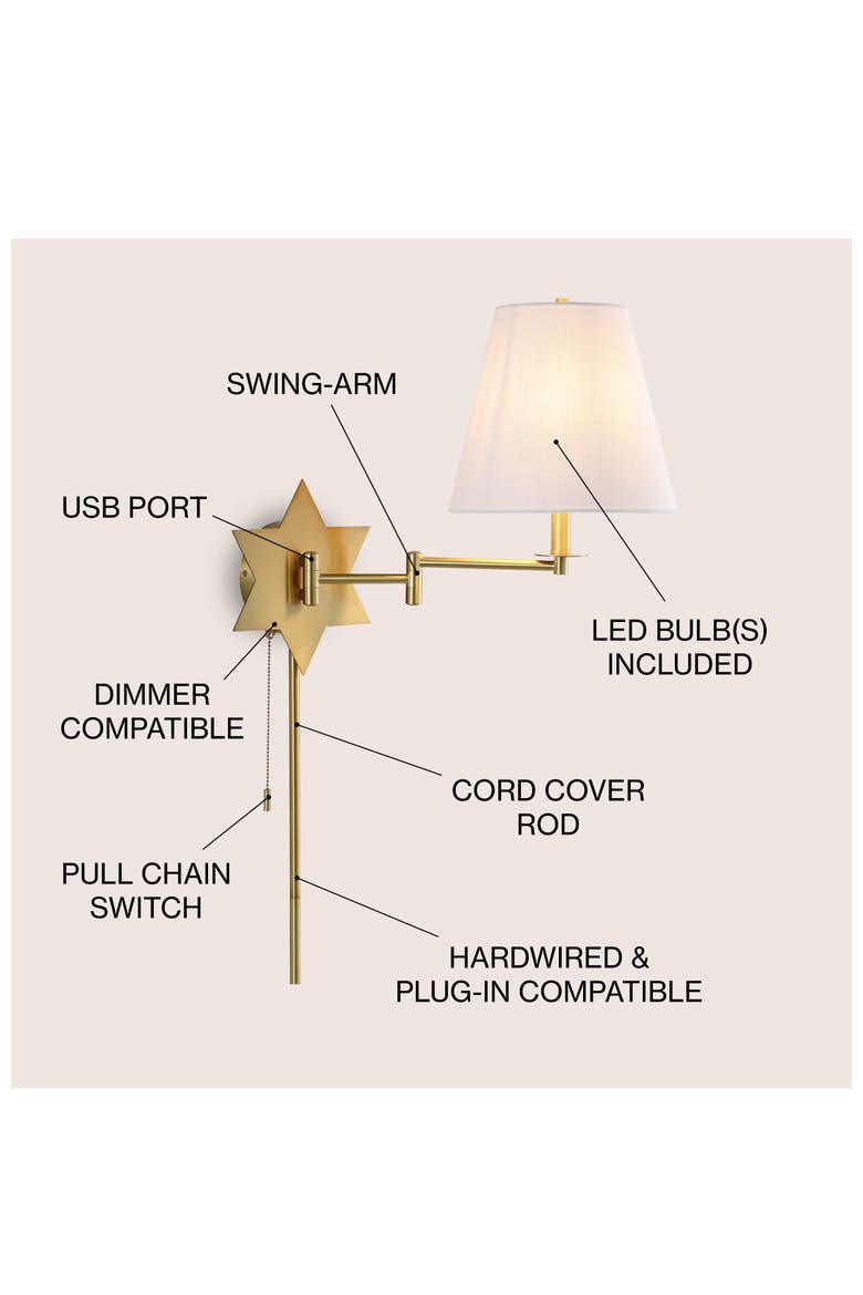 David 1-Light Modern French Country Swing Arm Plug-In or Hardwired Iron LED Star Wall Sconce with Pull-Chain and USB Charging Port, Alternate, color, Gold Metallic