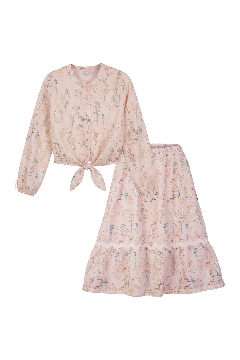 Floral Woven Tie Front Elastic Waist Shirt and Skirt Set, Main, color, Pink