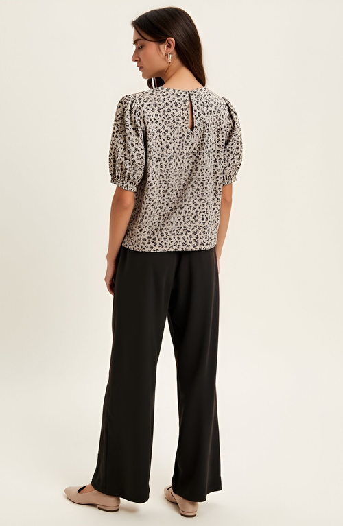Modenaire Floral Puff-sleeve Crewneck Velvet Bow-accented Blouse In Gray