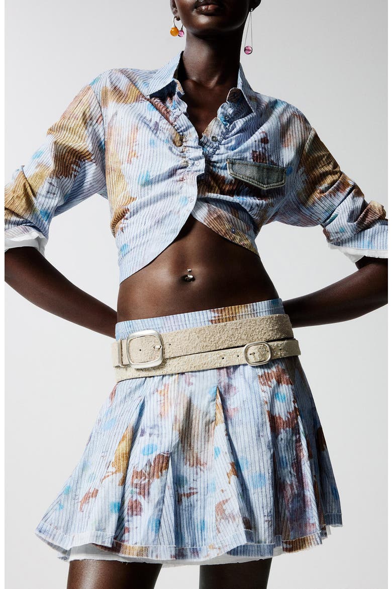 Floral Cotton Rib Knit Crop Button-Up Shirt, Main, color, BLUE