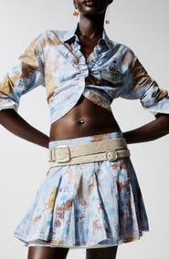 Desigual Floral Cotton Rib Knit Crop Button-Up Shirt