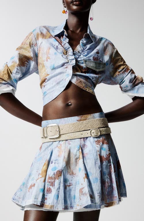 Desigual Floral Cotton Rib Knit Crop Button-up Shirt In Blue