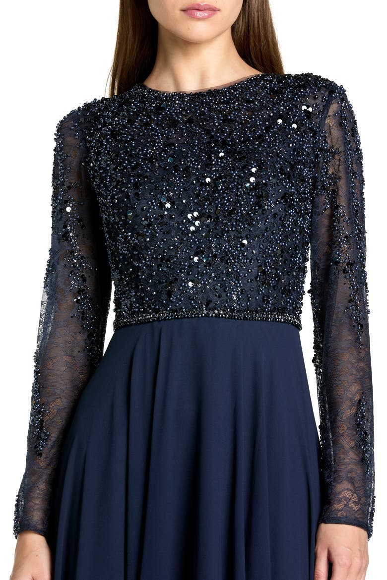 Embellished Lace Long Sleeve Gown With Chiffon Skirt, Alternate, color, Midnight