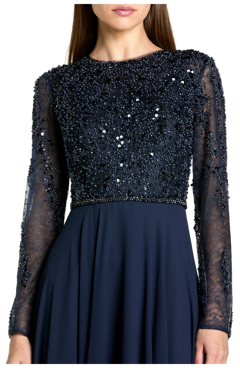 Mac Duggal Embellished Lace Long Sleeve Gown With Chiffon Skirt, Alternate, color, Midnight