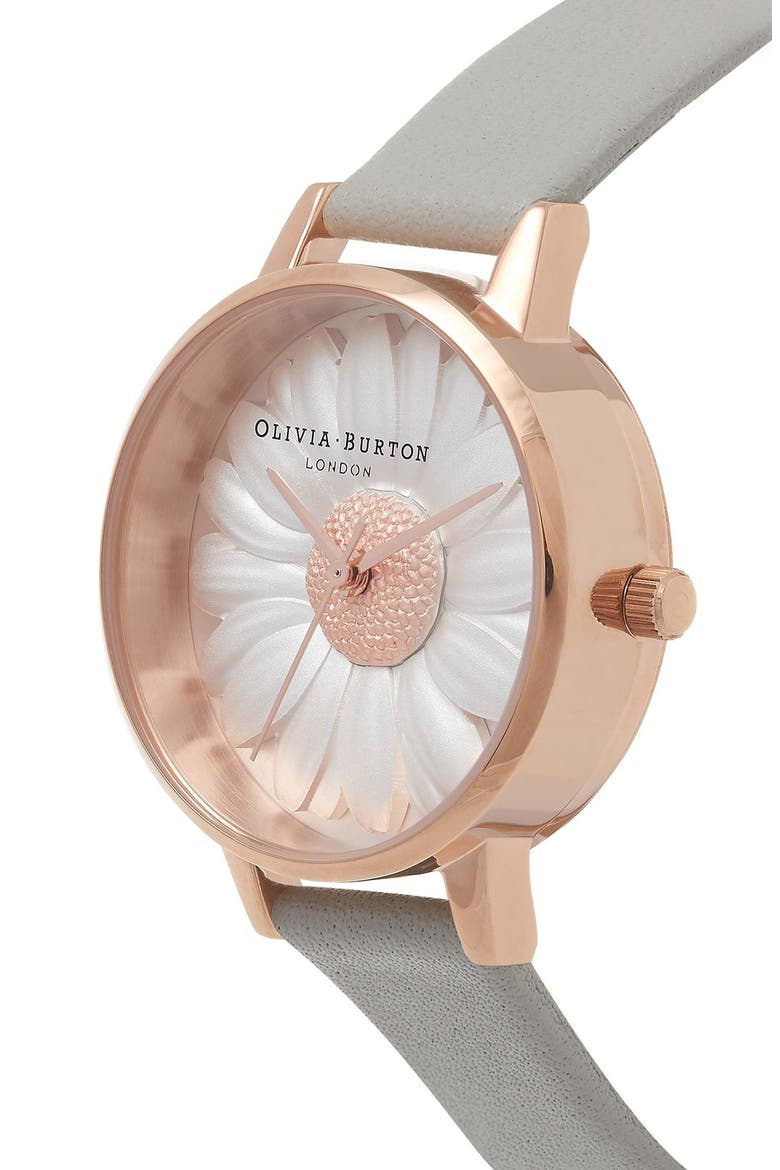 3D Daisy Leather Strap Watch, 30mm, Alternate, color, GREY/ WHITE/ PINK