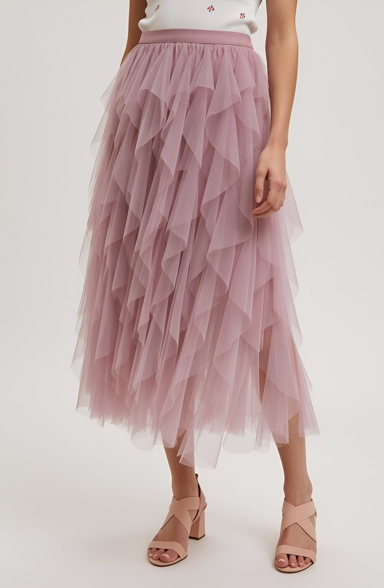 Modenaire Tiered Tulle Midi Skirt with Layered Ruffle Detail and Elastic Waistband, Main, color,