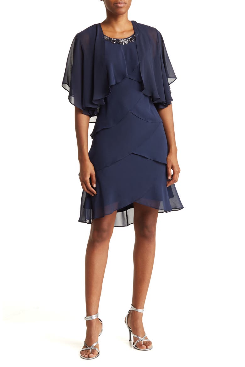 Chiffon Tier Jacket & Dress Set, Main, color, NAV