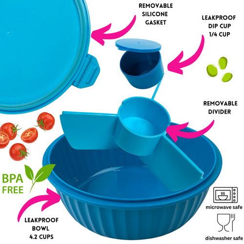 Yumbox Bento-style Salad Bowl With 3-part Divider And Dip Cup In Blue