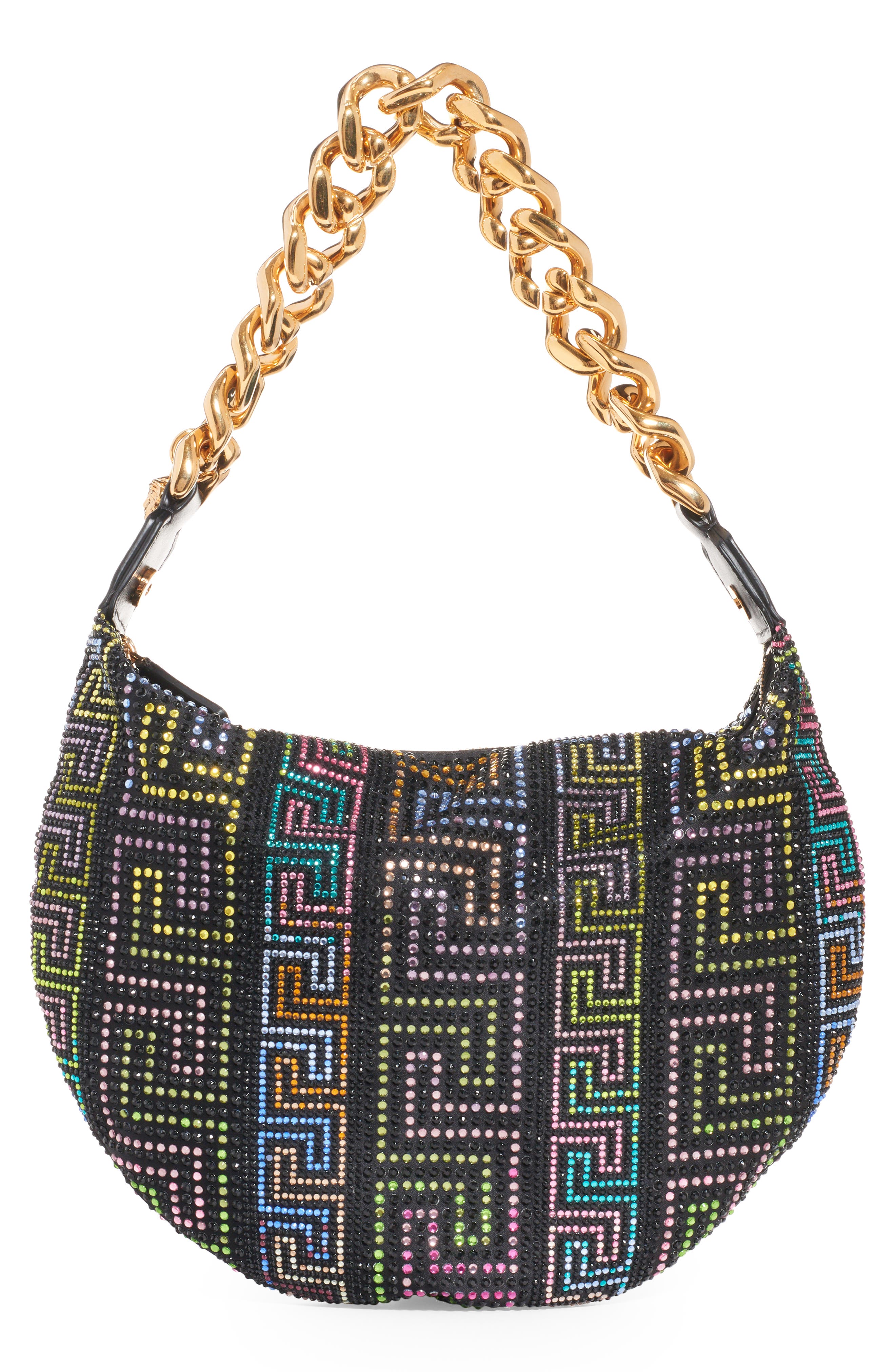 Versace Greca Crystal Embellished Convertible Hobo Bag, Alternate, color, 