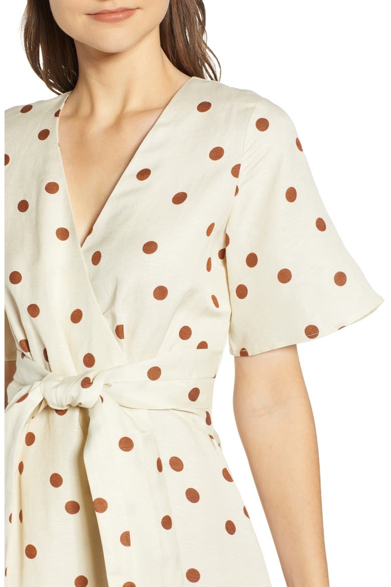 Polka Dot Linen Blend Midi Wrap Dress, Alternate, color, CREAM/ TAN