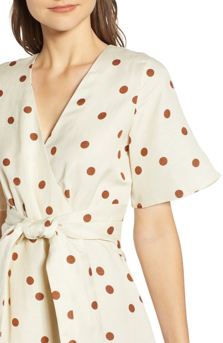 MOON RIVER Polka Dot Linen Blend Midi Wrap Dress, Alternate, color,