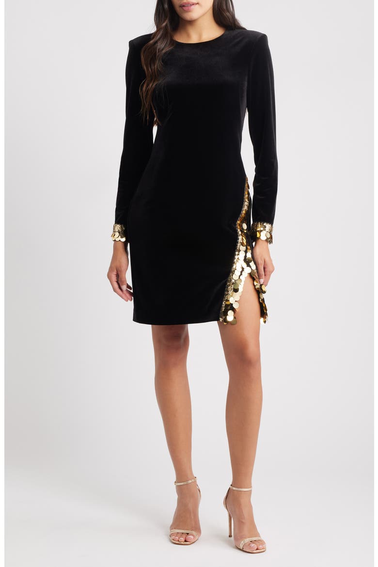 Paillette Detail Long Sleeve Velvet Cocktail Dress, Main, color, BLACK