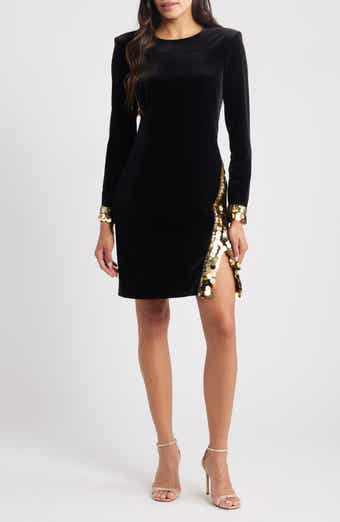 Paillette Detail Long Sleeve Velvet Cocktail Dress
