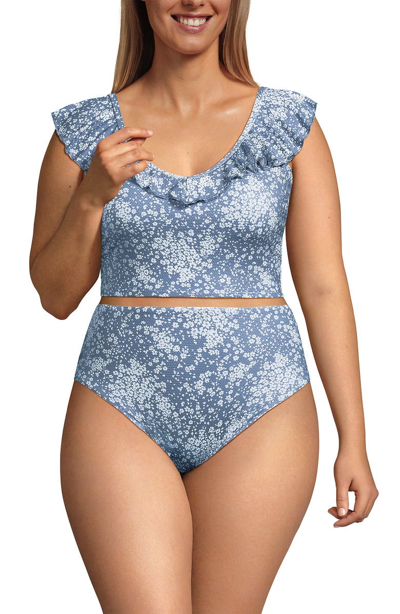 Lands' End Pique Ruffle Tankini Top and High Waisted Bottom Swimsuit Set, Alternate, color, Dusk Sky Meadow Ditsy Floral