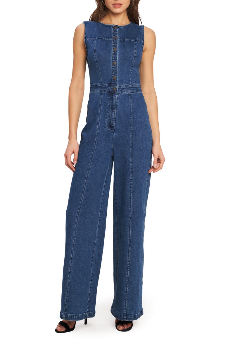 Buttoned Denim Jumpsuit, Main, color, MEDIUM INDIGO