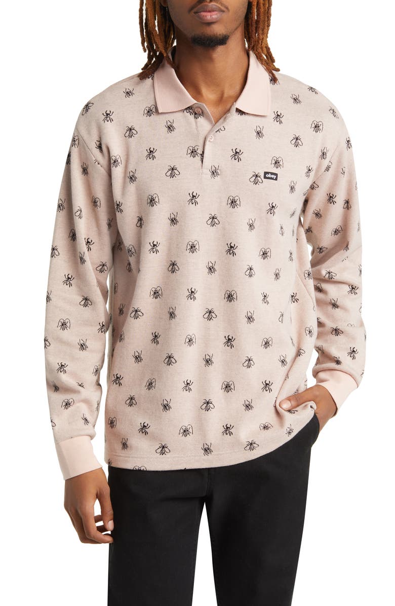 Obey Pest Long Sleeve Jacquard Piqué Polo, Main, color, 