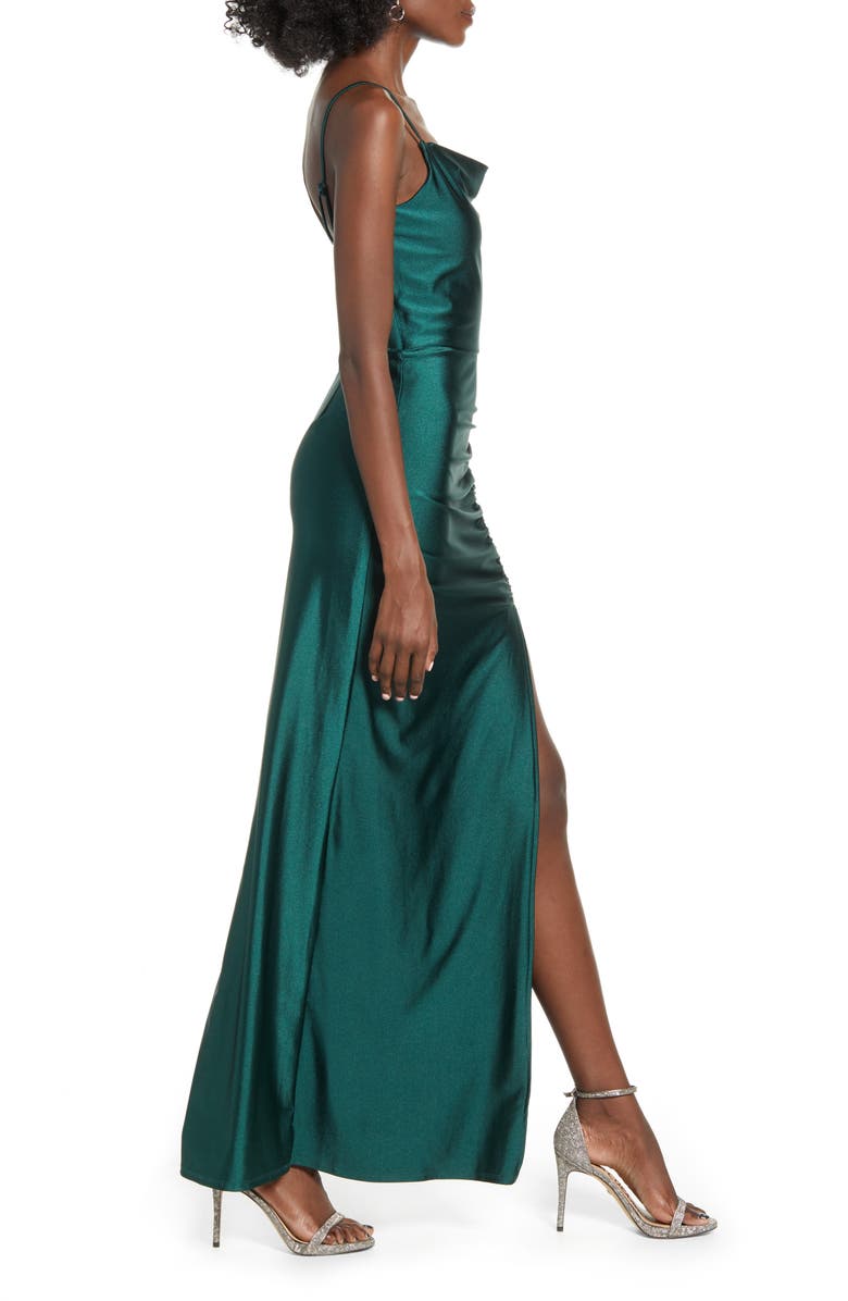 Speechless Ruched Side Slit Stretch Satin Maxi Dress, Alternate, color, 