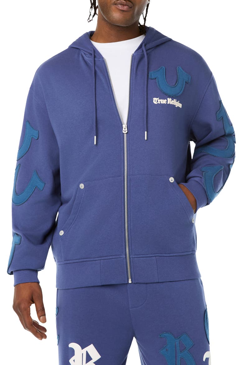 Tossed Logo Full Zip Hoodie, Main, color, HONEST INDIGO