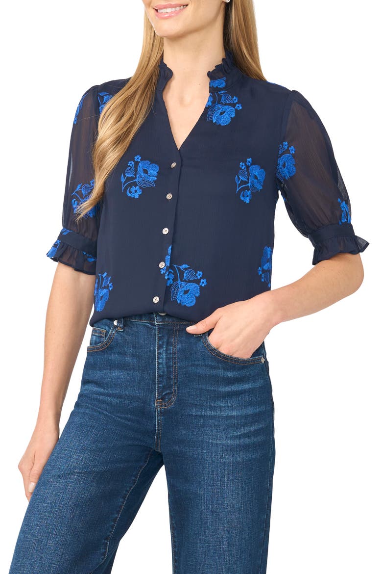 Ruffle V-Neck Embroidered Top, Main, color, CLASSIC NAVY