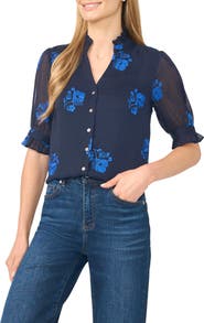CeCe Ruffle V-Neck Embroidered Top