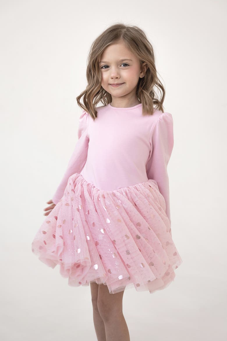 Gleam Long Sleeve Foil Heart Tulle Dress, Alternate, color, Pink Blush