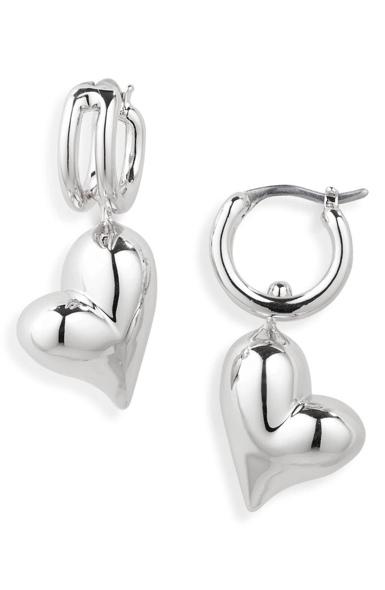 Jenny Bird Heart Huggie Hoop Earrings, Main, color, High Polish Silver