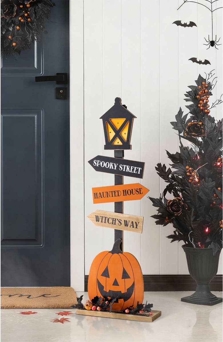 Glitzhom Halloween Lighted Wooden Jack-O-Lantern Lamp Post Porch Decor with Timer, Alternate, color, Black