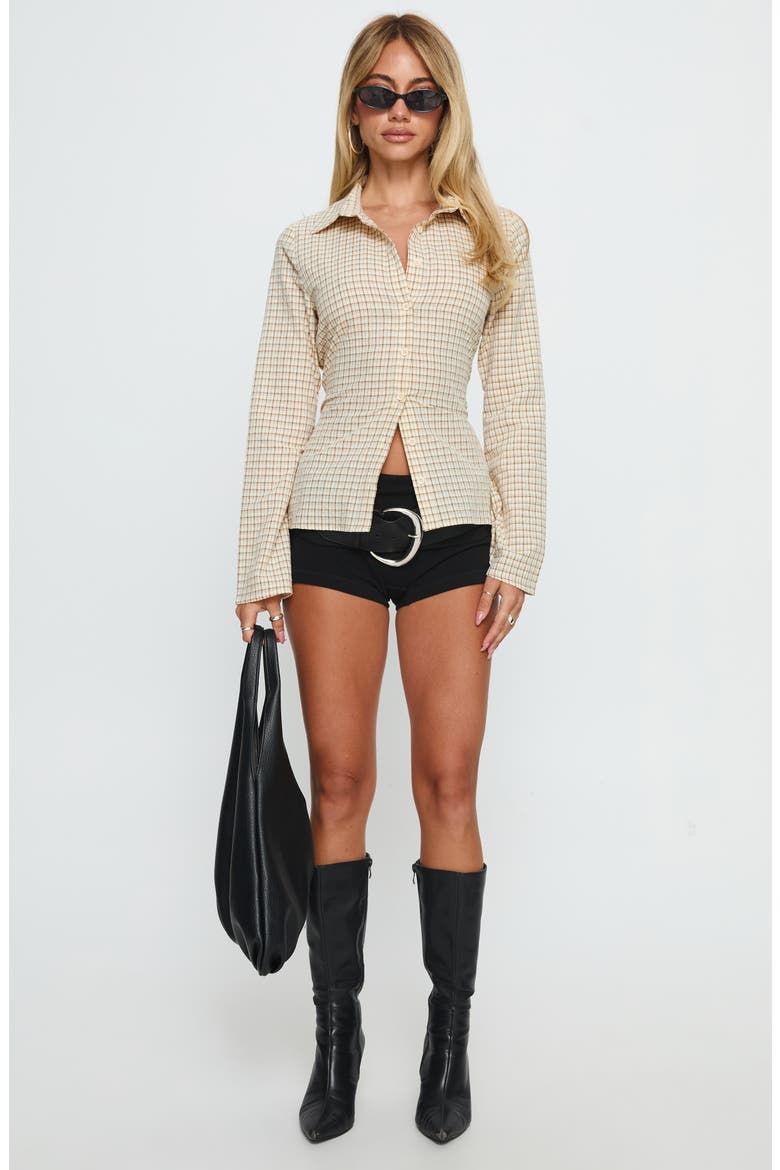 Eryx Check Tie Back Cotton Blend Button-Up Shirt, Alternate, color, APRICOT CHECK