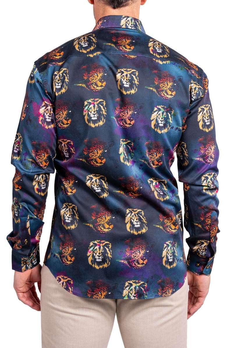 Maceoo Fibonacci Ascension 0234 Lion Print Contemporary Fit Button-Up Shirt, Alternate, color, Black