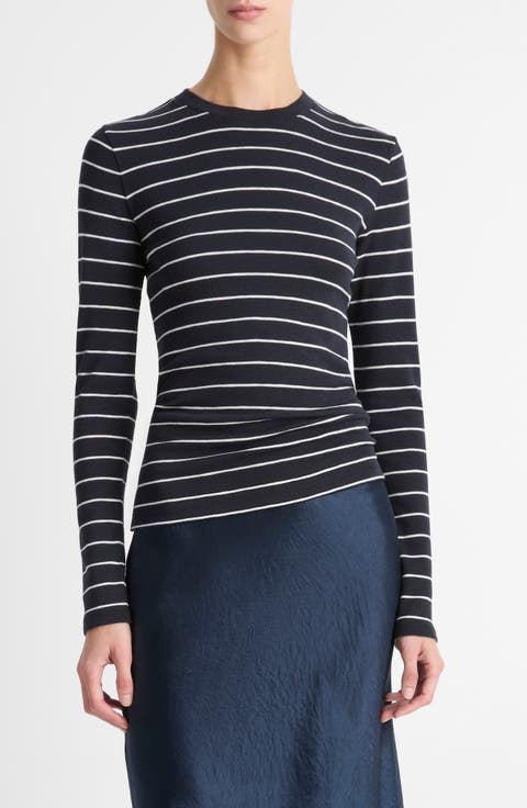 Stripe Long Sleeve Cotton & Modal Crewneck Top